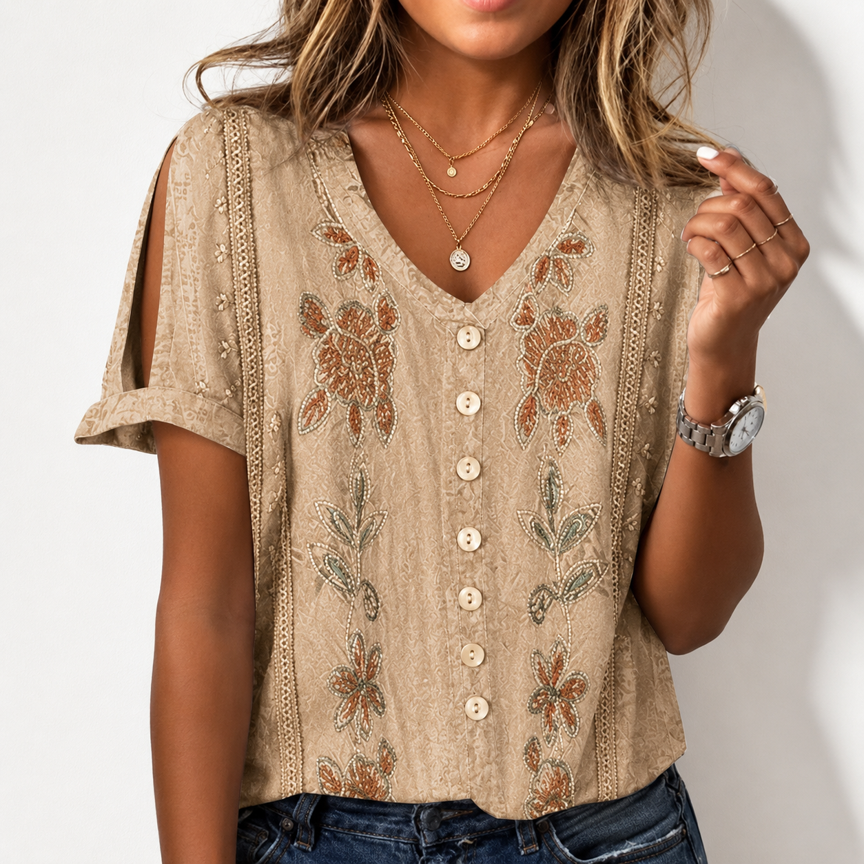 Loose Casual V Neck Printed Shirt