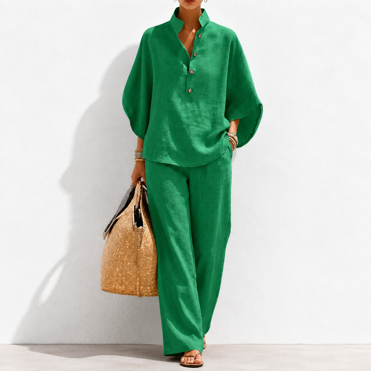 🔥Last Day OFF🔥Women's Batwing Sleeve Two-Piece Set – Casual Shirt & Wide Leg Pants Outfit