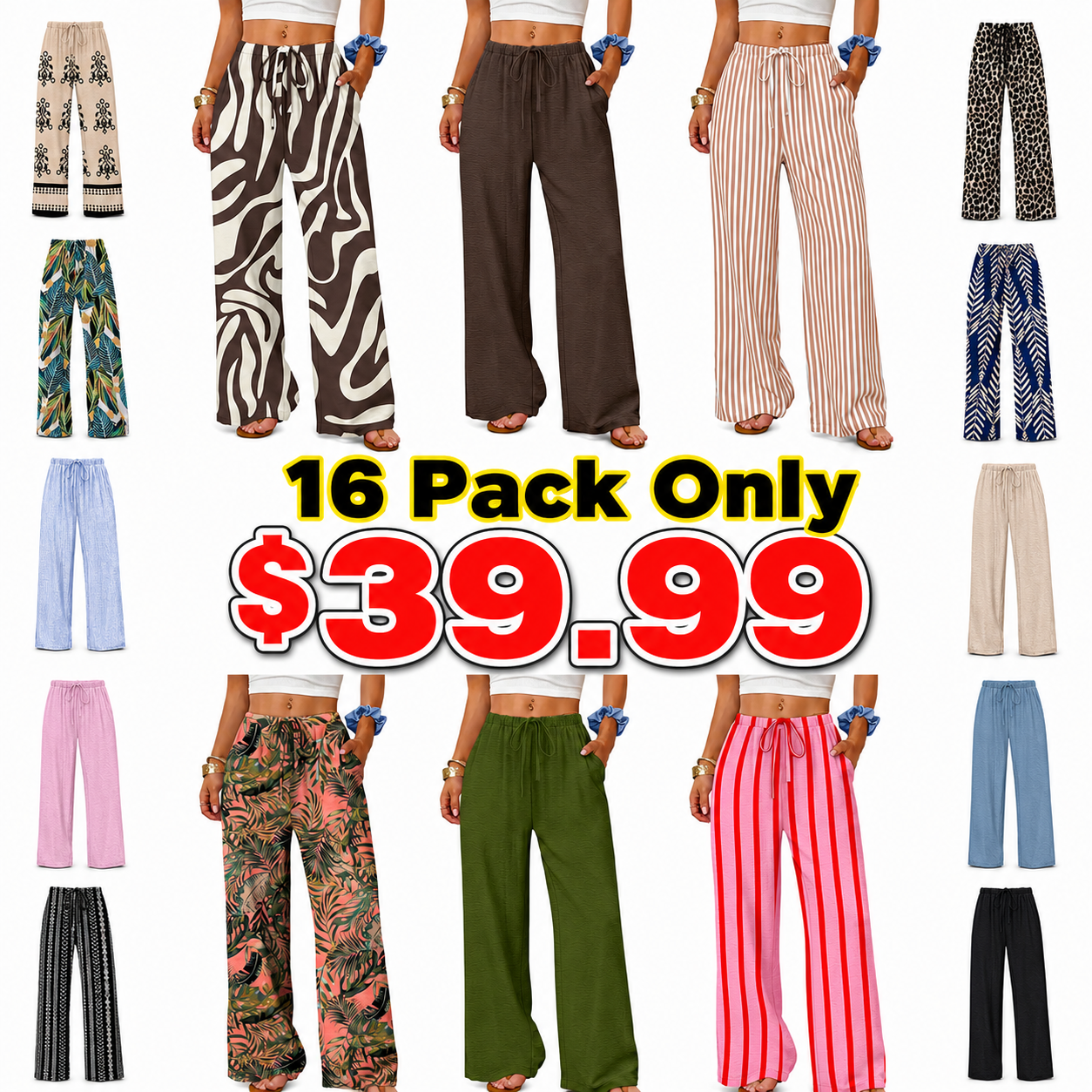 Wide Leg Pants for Women Flowy Palazzo Drawstring Elastic Waist Trousers with Pockets Summer Beach Vacation Clothes