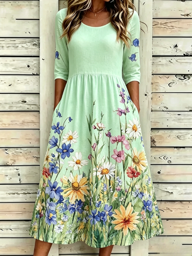 Women Floral Half Sleeve Crew Neck Dress Daily Vintage Maxi A-Line Summer Dress