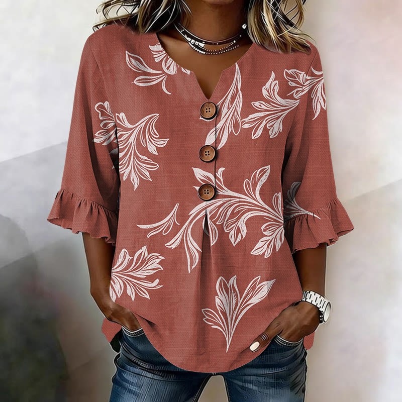 Vintage Flower Print Button V-neck Blouse With Ruffle Sleeves