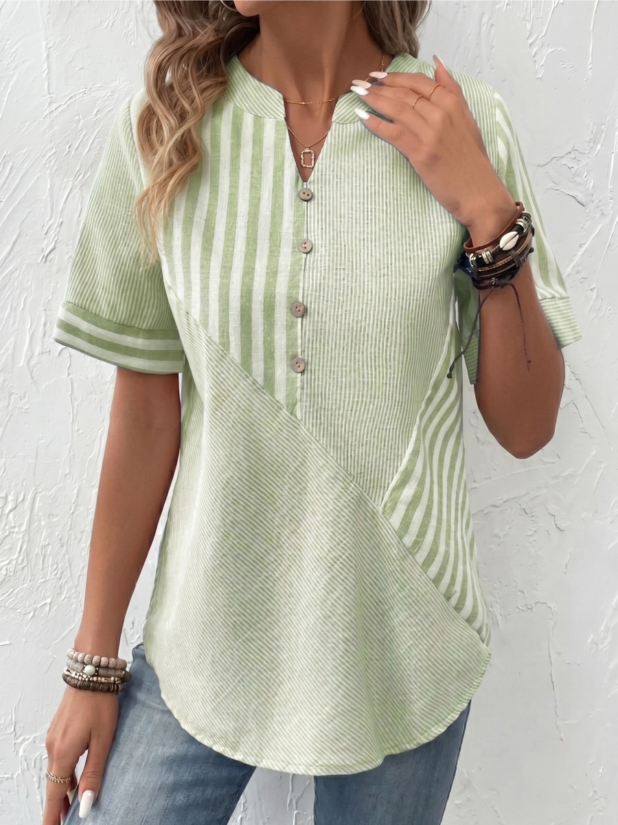 Women's Striped Button V-Neck Lightweight Casual Summer Top