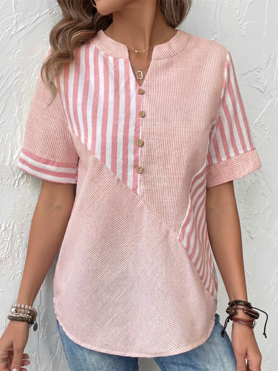 Women's Striped Button V-Neck Lightweight Casual Summer Top