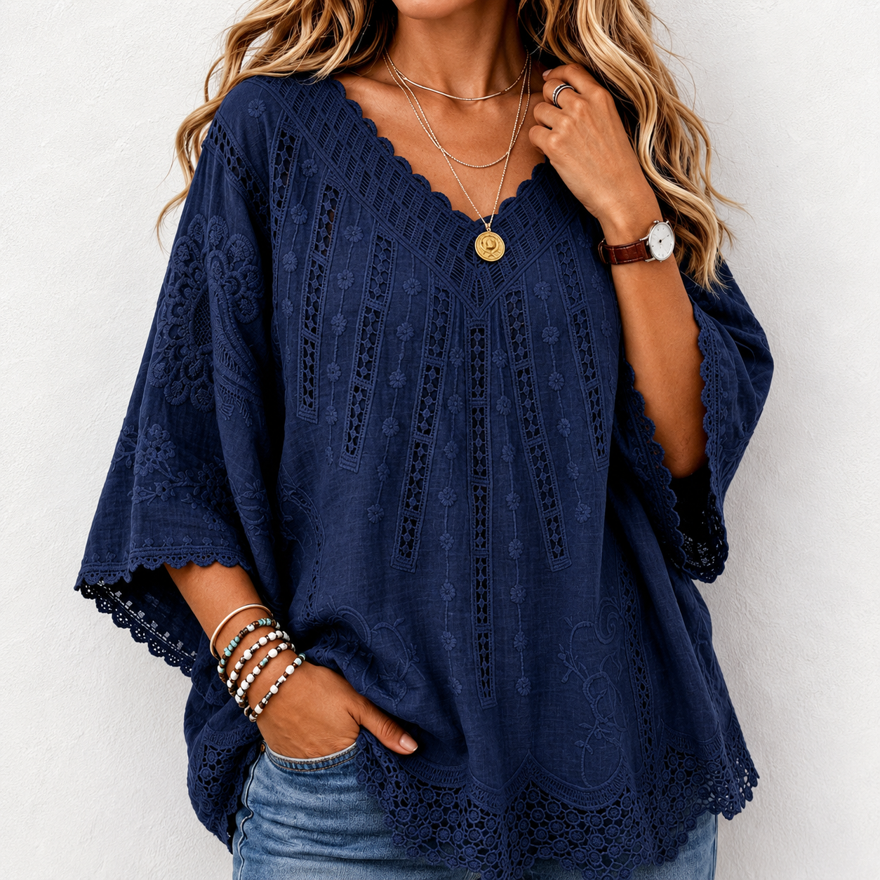 Women's Lavender Embroidered Lace V-NeckBlouse