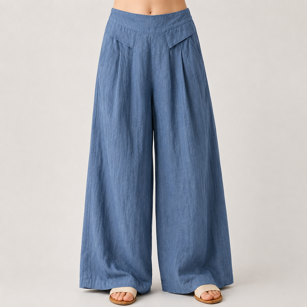 AuraLinen Plain Color Cotton Linen High Waist Wide Leg Pants With Pockets