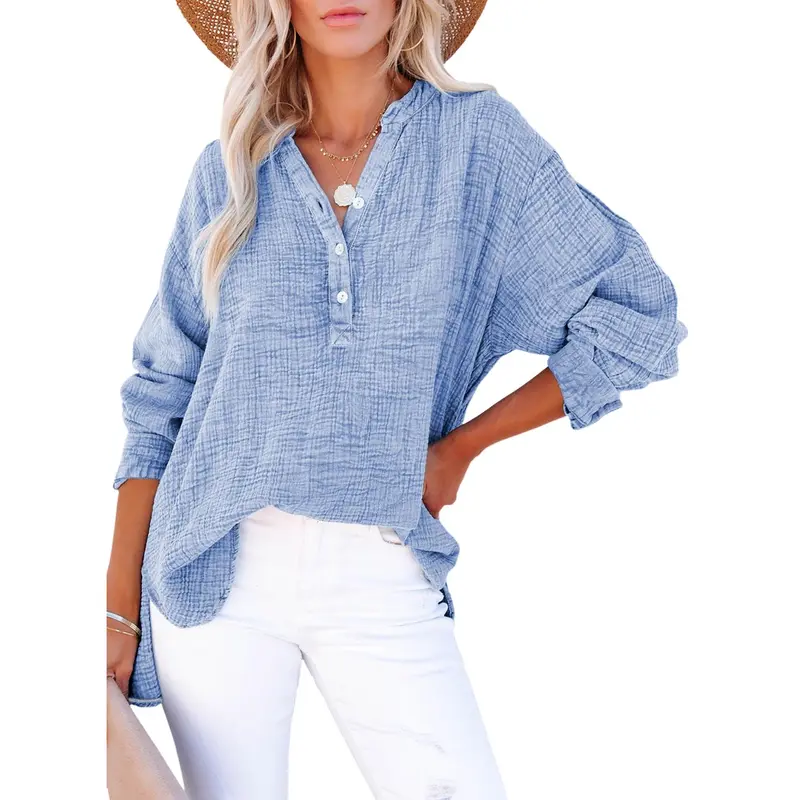 Dokotoo Women's Casual Button V Neck Long Sleeve Shirts Oversized Solid Blouses Tops 100% Cotton Boyfriend Style Loose Fit