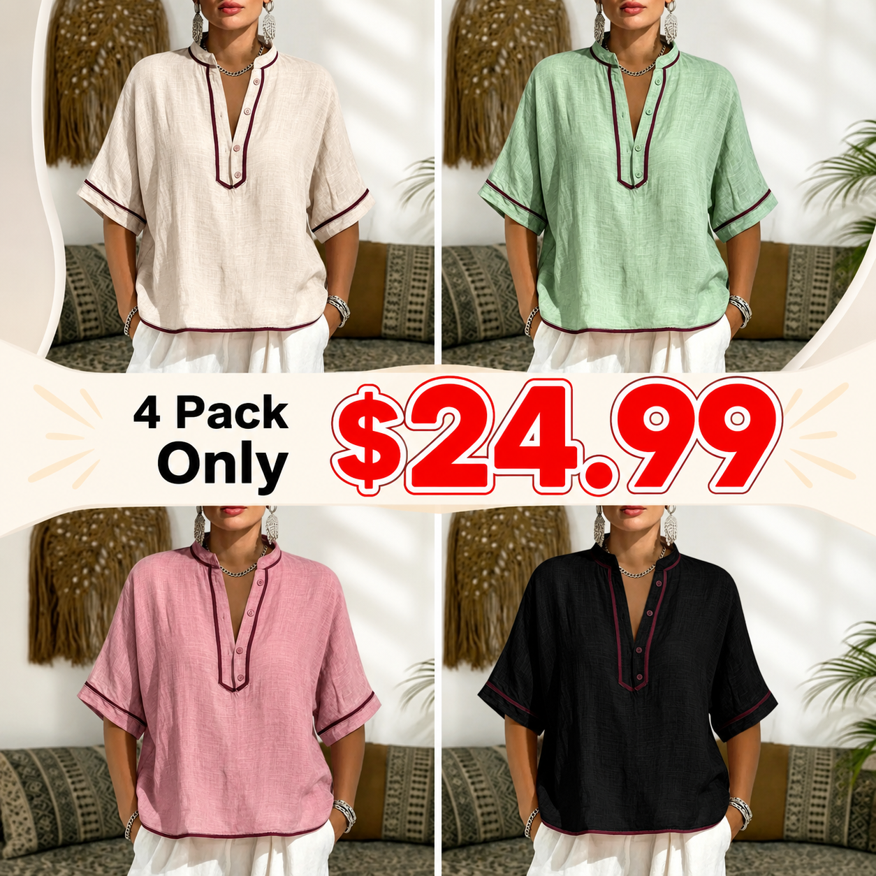 Women's Casual Linen Blend V-Neck Tunic Top – Relaxed Fit Short Sleeve Blouse
