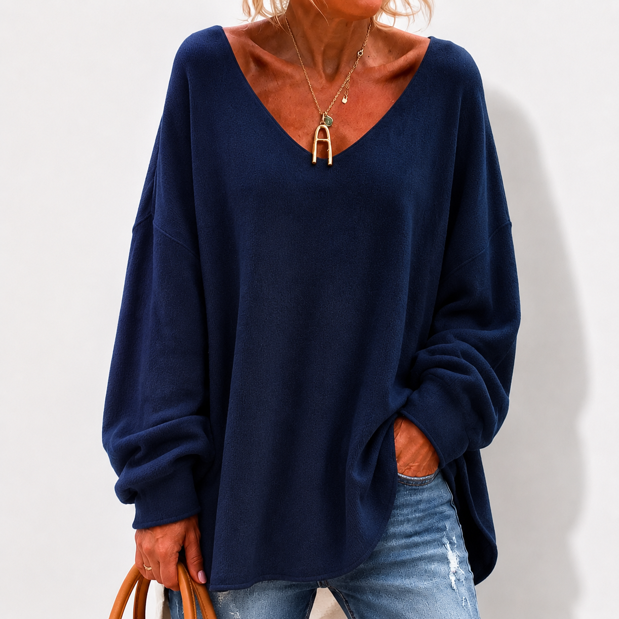 Crew Neck Fuzzy Solid Casual Long Sleeve Women Knitted Shirt