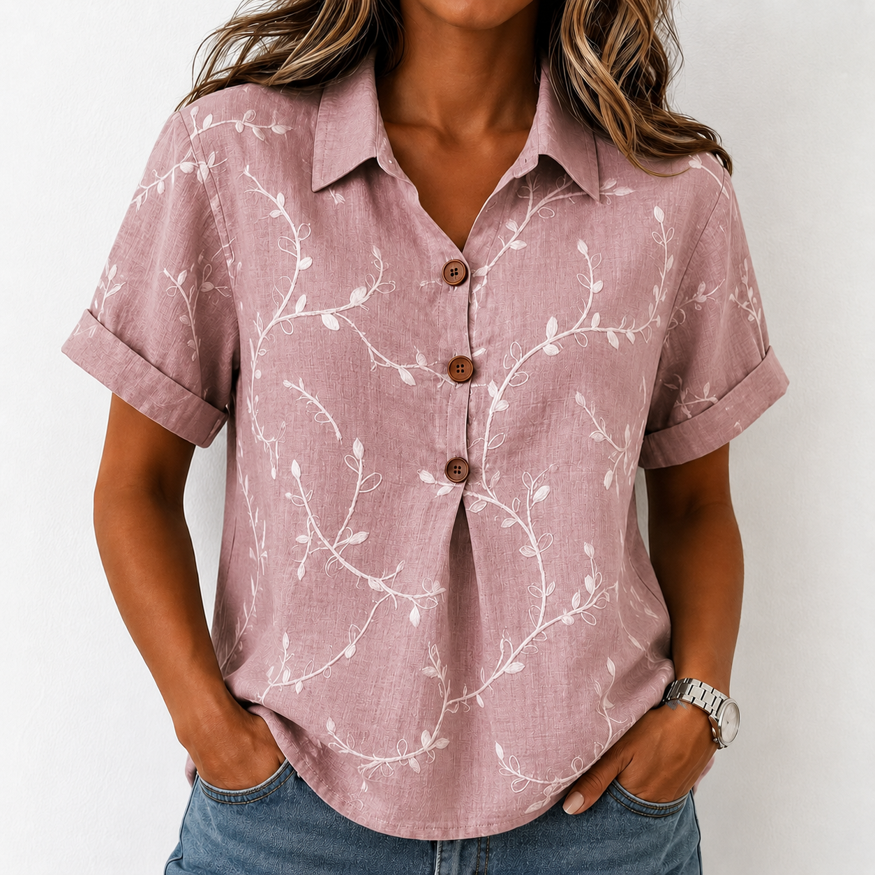 Women's Casual Short-Sleeve Positioning Print Cotton-Linen Top