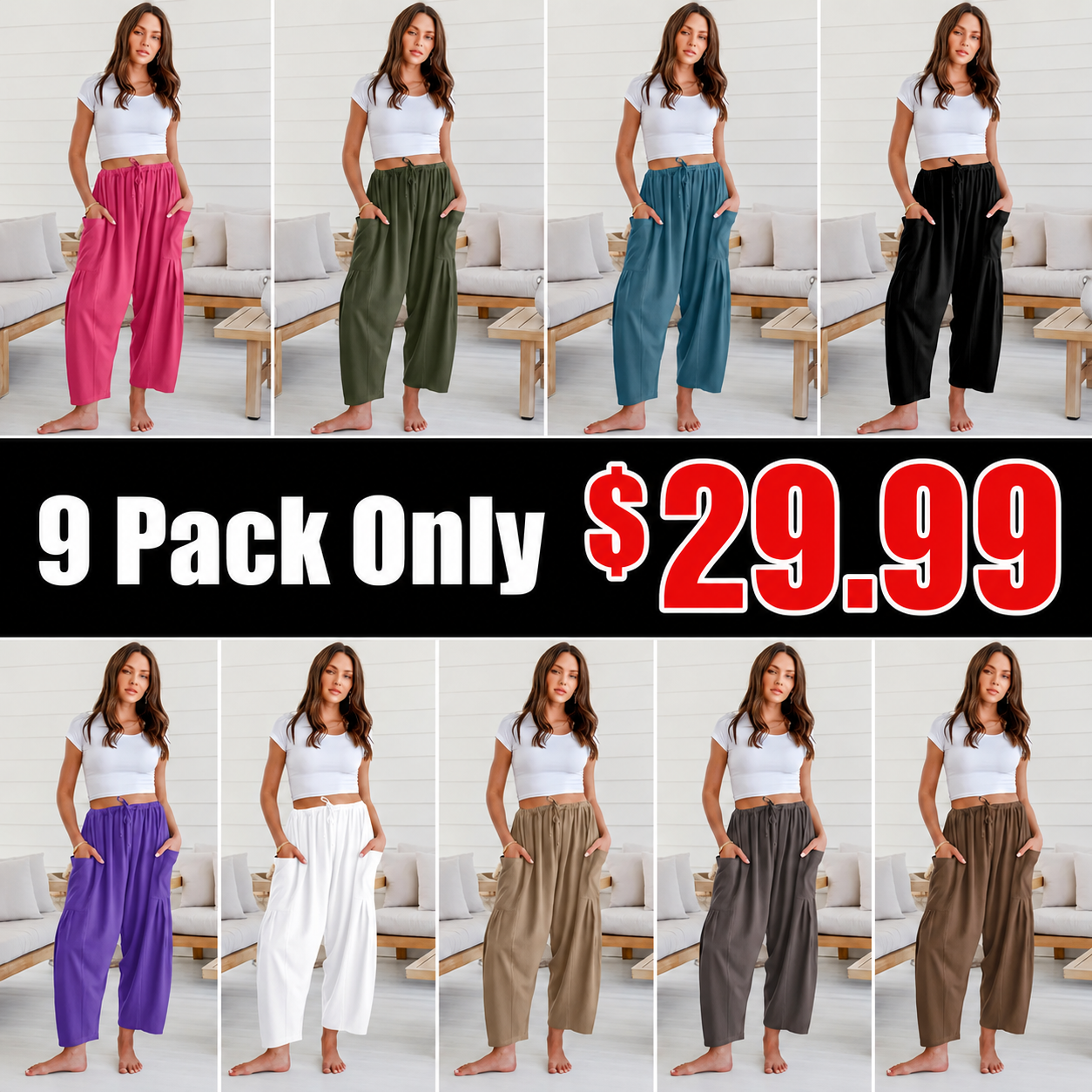 Women's Linen Wide Leg Pants Casual Loose Drawstring Low Waist with Pockets