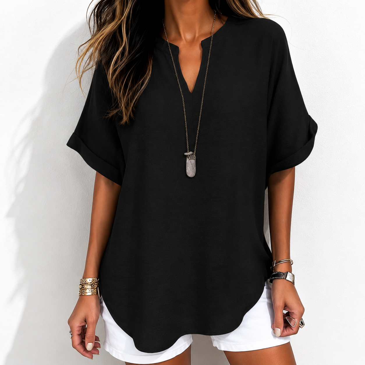 🔥Women's Plain Short Sleeve Blouse, Casual Solid Color Top for Daily Wear, Ladies Clothes for All Seasons