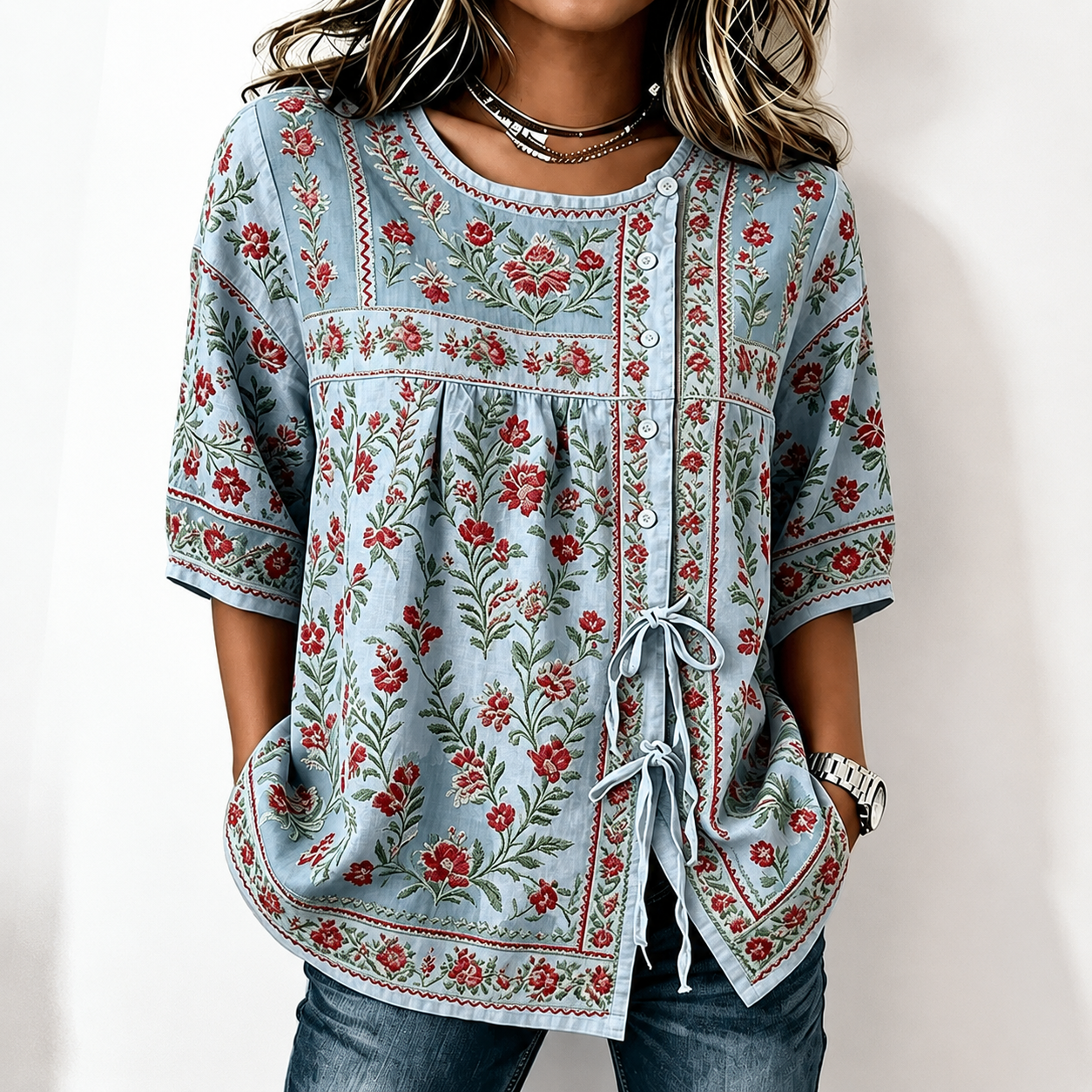 Women's Boho Floral Tie-Front Blouse