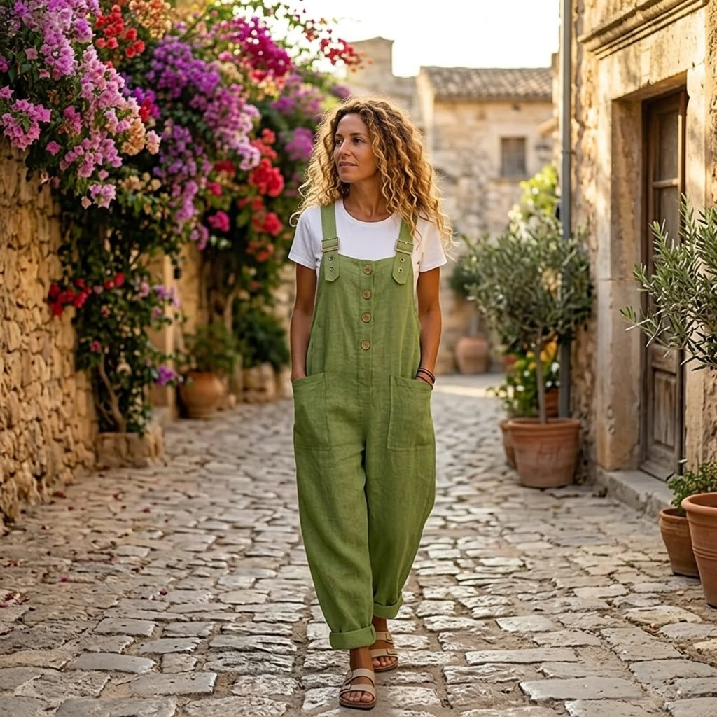 Loose Button-Front Overalls