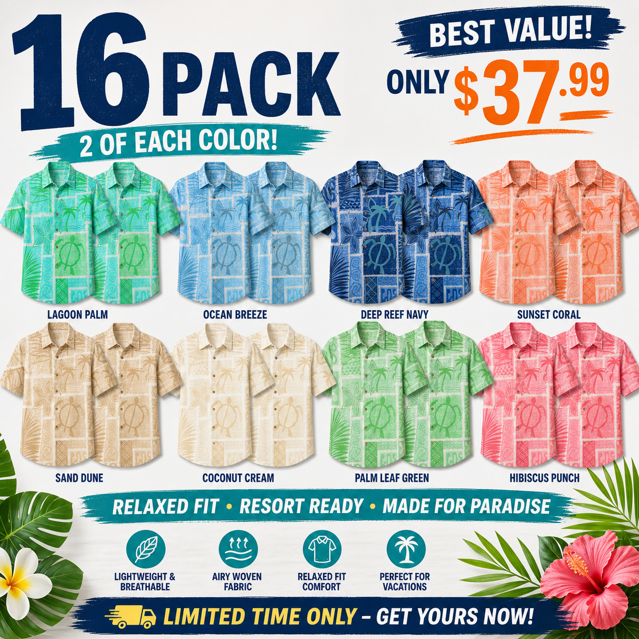 Limited Deal 8-Pack Men's Tropical Resort Button Front Vacation Shirts