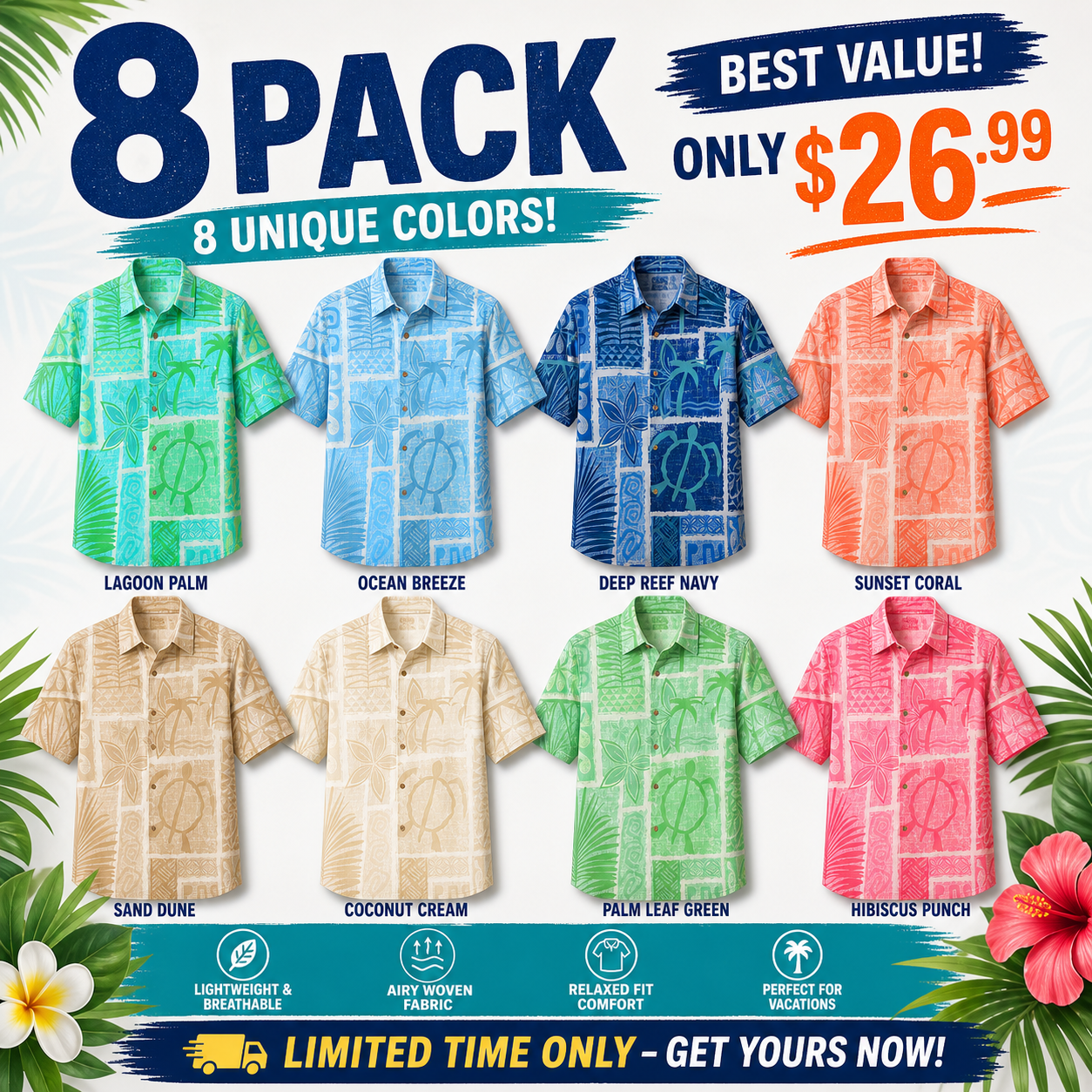Limited Deal 8-Pack Men's Tropical Resort Button Front Vacation Shirts