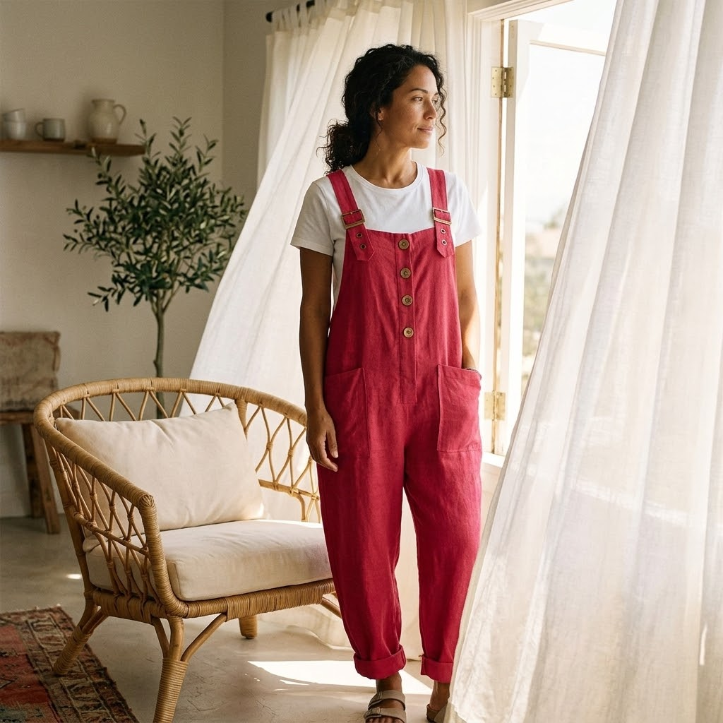 Loose Button-Front Overalls