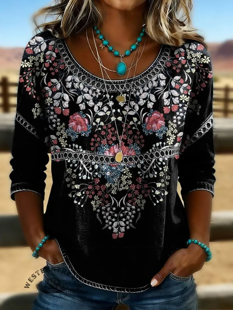 NEW Retro Floral Art Print Casual Hollow Denim Shirt