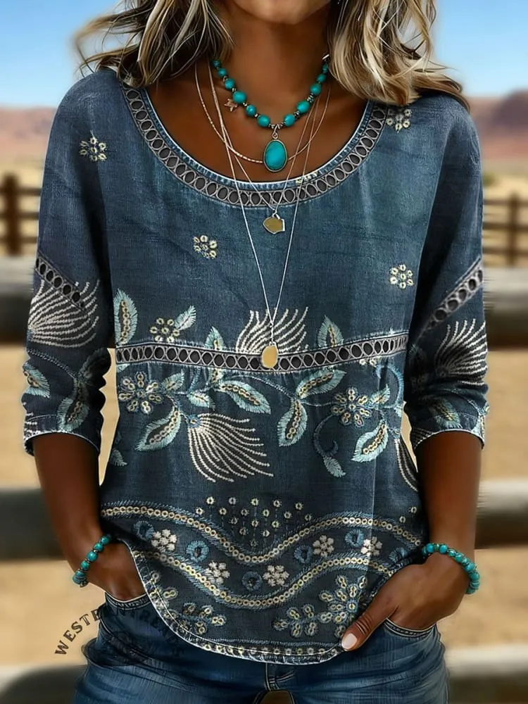 NEW Retro Floral Art Print Casual Hollow Denim Shirt