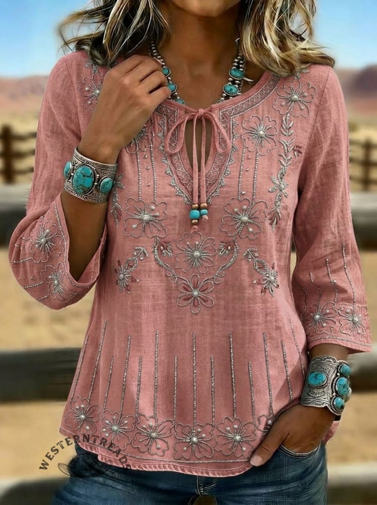 Women's Vintage Western Floral Print Slim Fit Top