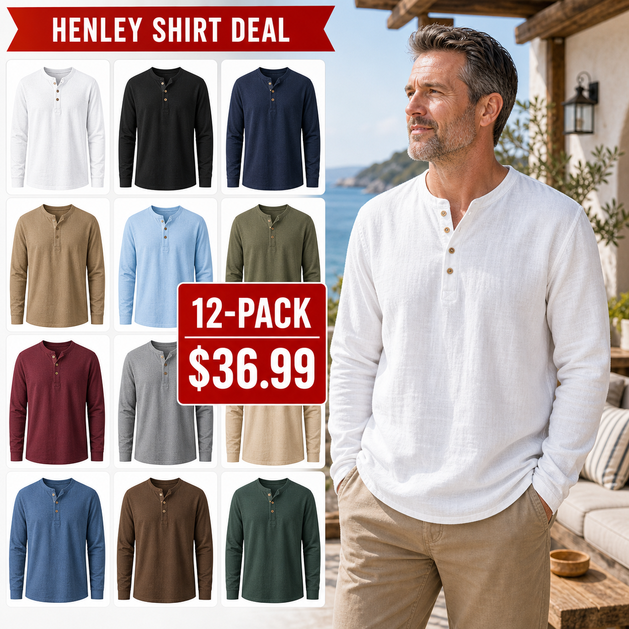 Men's Cotton Linen Long-Sleeve Henley Shirts 12-Pack $36.99