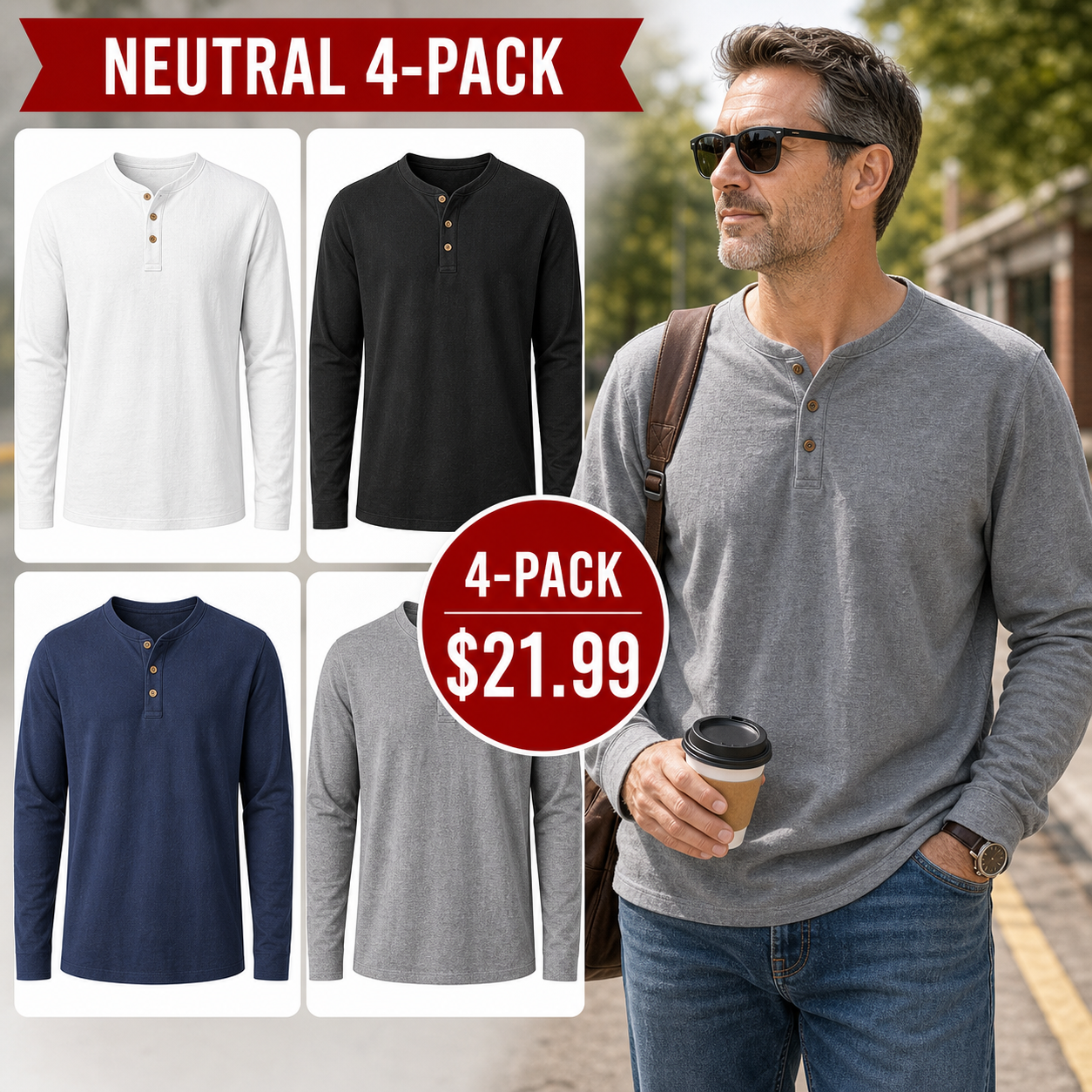 Men's Cotton Linen Long-Sleeve Henley Shirts 12-Pack $36.99
