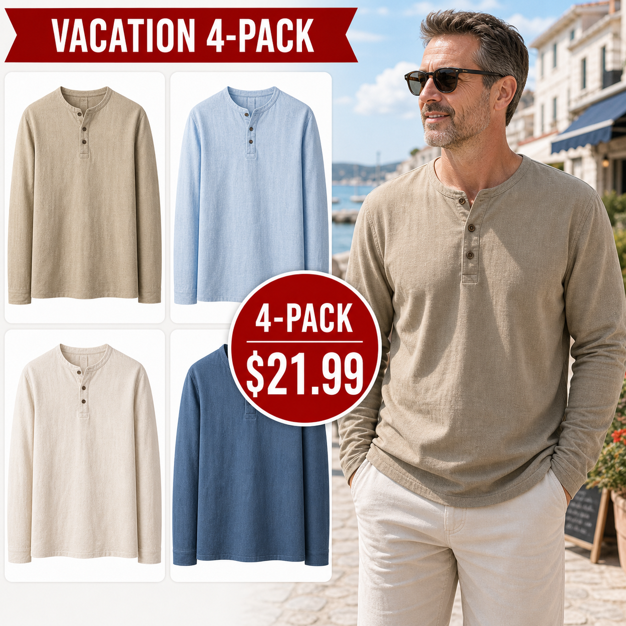 Men's Cotton Linen Long-Sleeve Henley Shirts 12-Pack $36.99