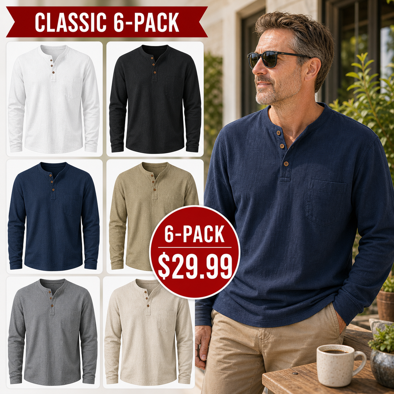 Men's Cotton Linen Long-Sleeve Henley Shirts 12-Pack $36.99