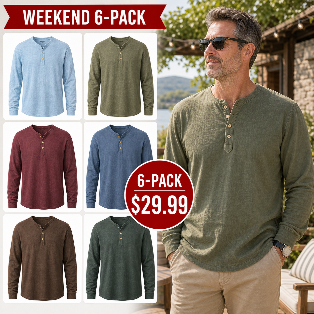 Men's Cotton Linen Long-Sleeve Henley Shirts 12-Pack $36.99