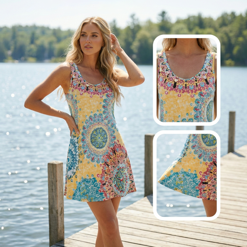 Casual sleeveless A-line summer dress with a print