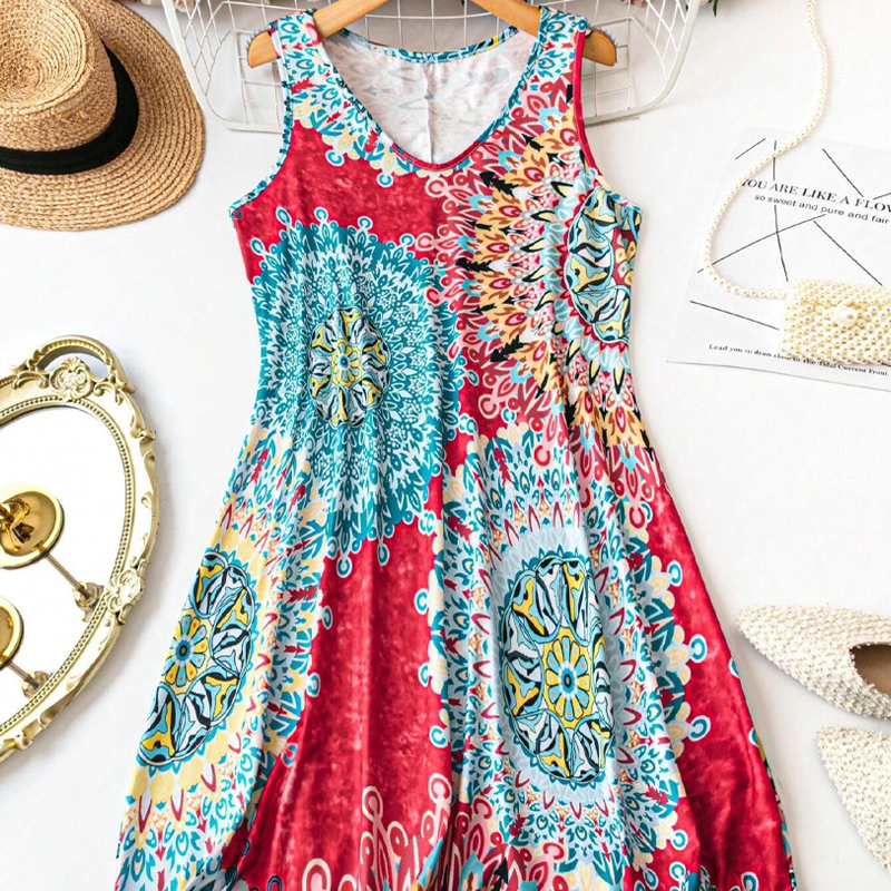 Casual sleeveless A-line summer dress with a print