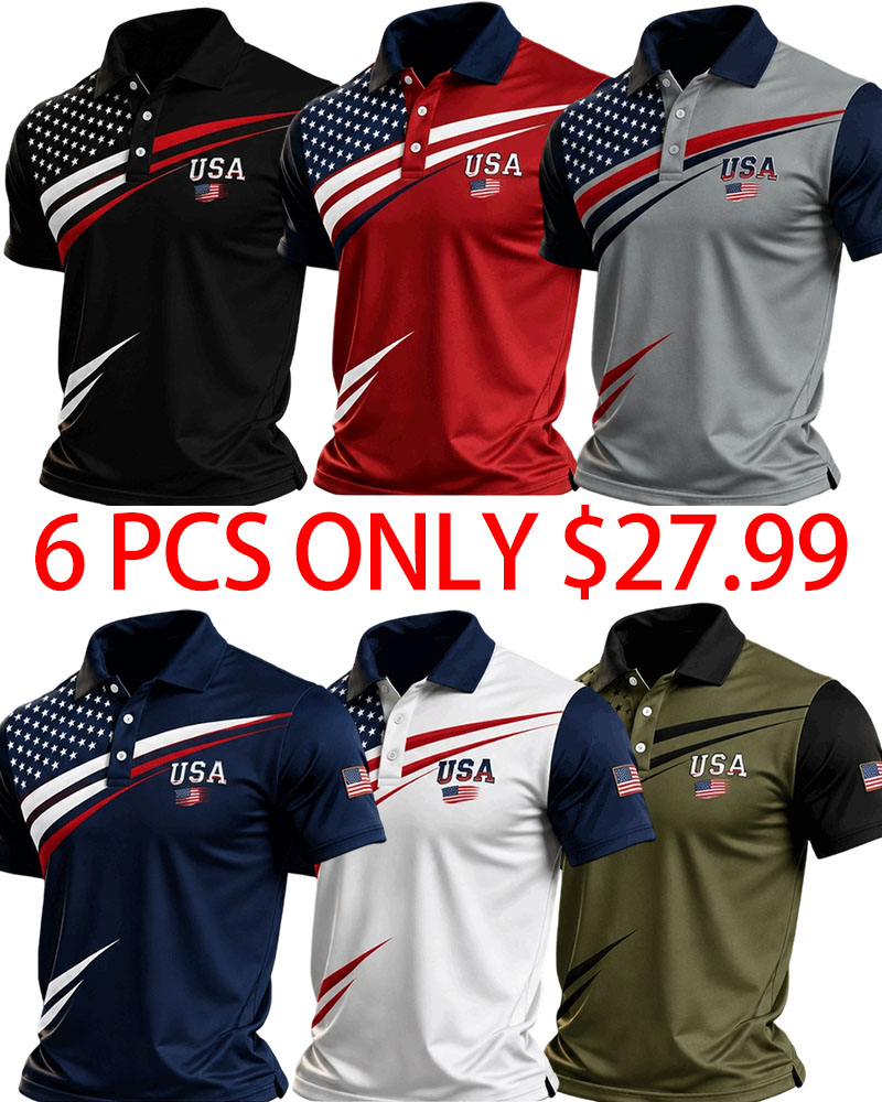 Men's Retro Patriotic Color-Block Short-Sleeve Polo Shirt
