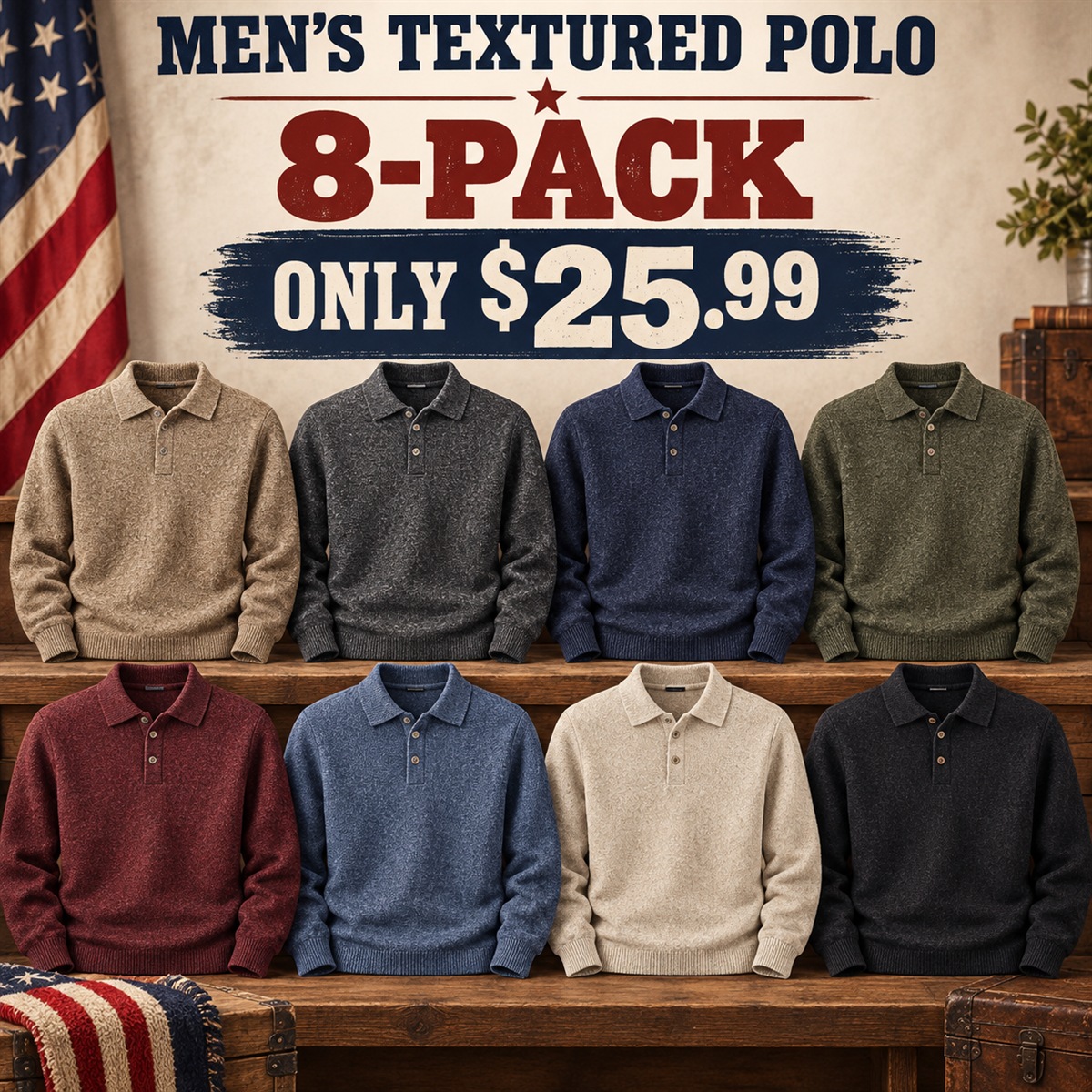 8-Pack - All 8 Colors Men's Textured Long-Sleeve Polo Sweater Multipacks