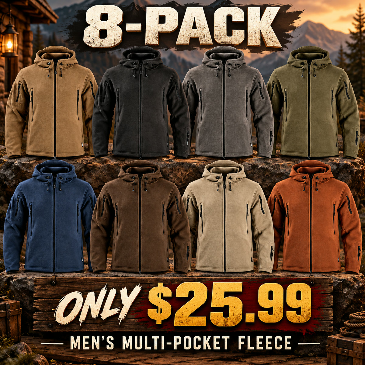 8-Pack - All 8 Colors Men's Multi-Pocket Hooded Fleece Jacket Multipacks