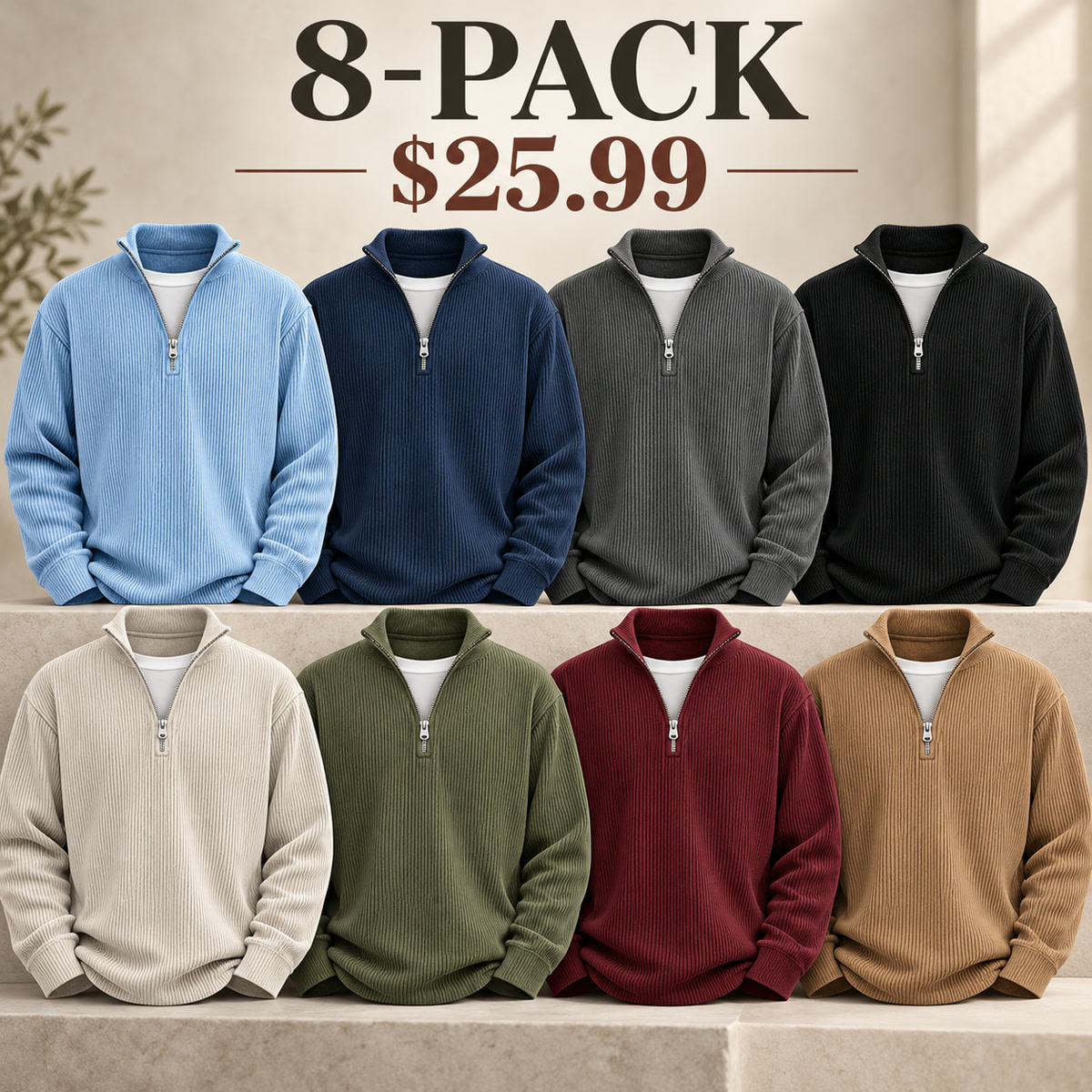 8-Pack - All 8 Colors Men's Ribbed Quarter-Zip Relaxed Pullover Multipacks