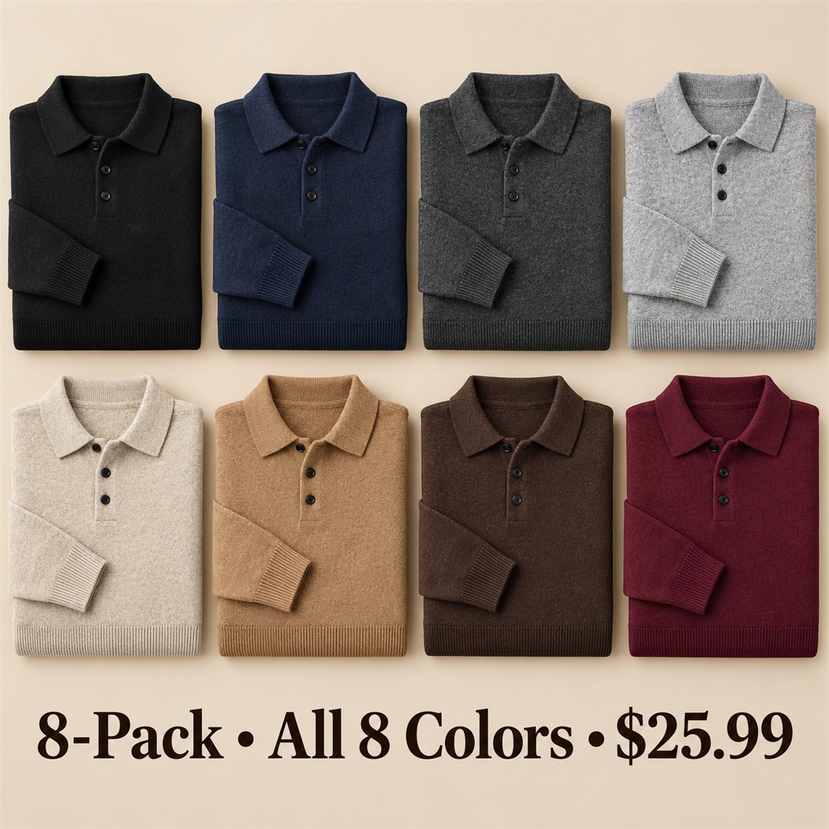 8-Pack - All 8 Colors Men's Soft-Knit Three-Button Polo Sweater 8-Packs
