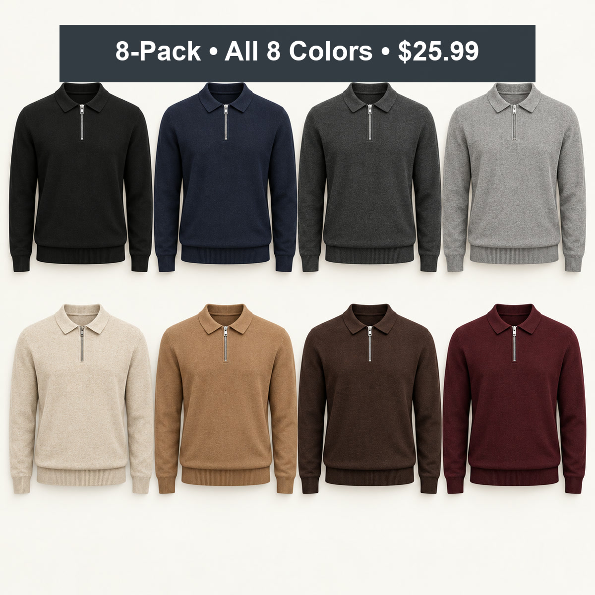 8-Pack - All 8 Colors Men's Quarter-Zip Knit Polo Sweater 8-Packs
