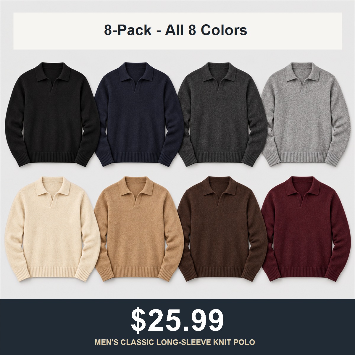 8-Pack - All 8 Colors Men's Classic Open-Collar Knit Polo Sweater 8-Packs