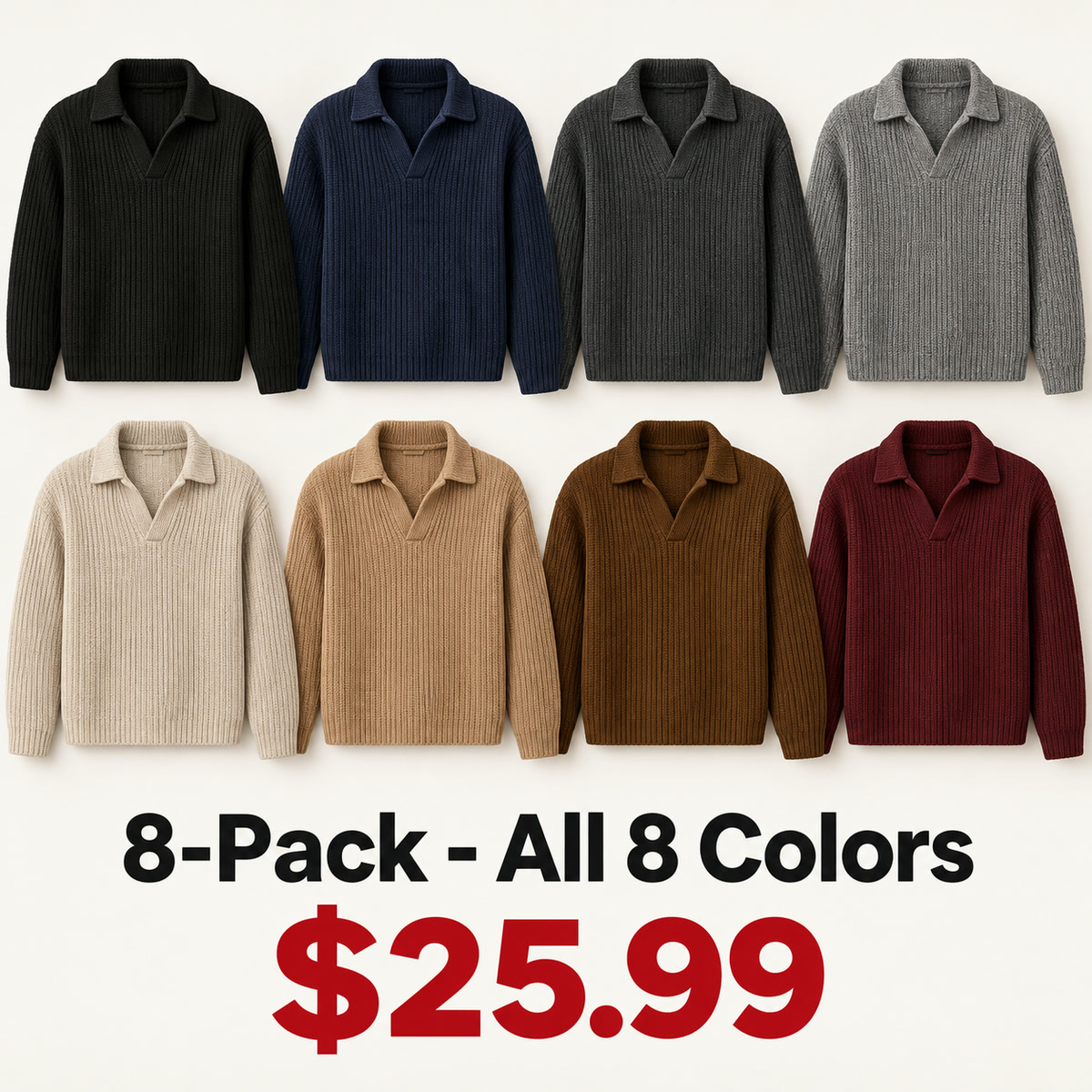 8-Pack - All 8 Colors Men's Open-Collar Chunky-Knit Sweater 8-Packs