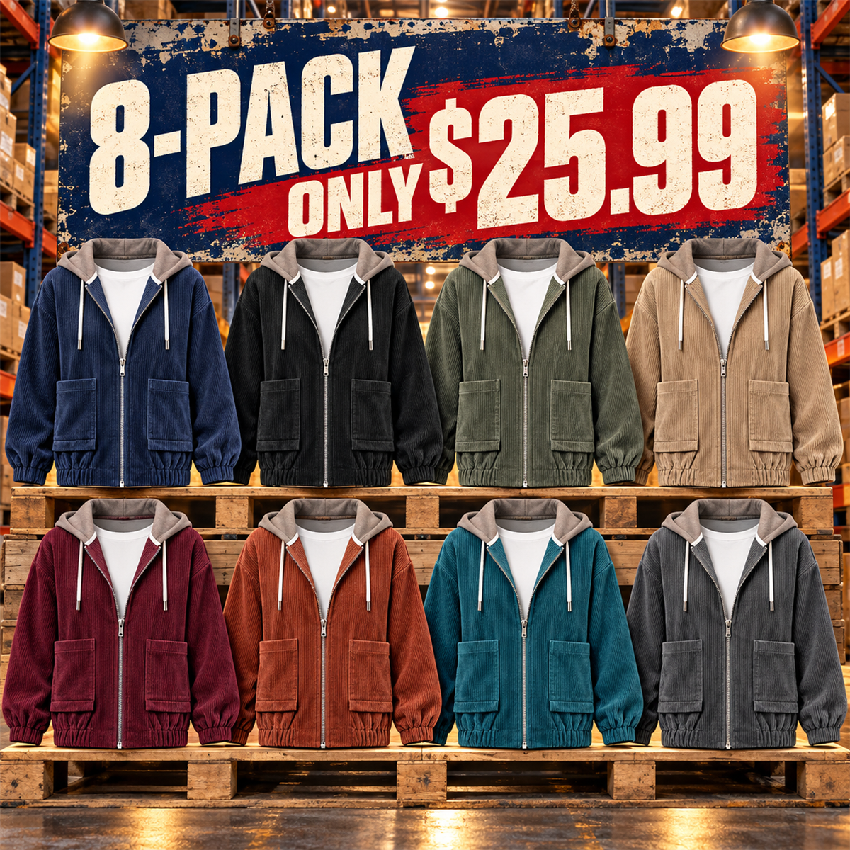 8-Pack - All 8 Colors Women's Relaxed Corduroy Hooded Utility Jacket Multipacks