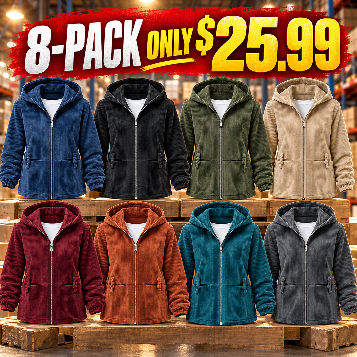 8-Pack - All 8 Colors Women's Regular-Fit Corduroy Hooded Zip Jacket Multipacks