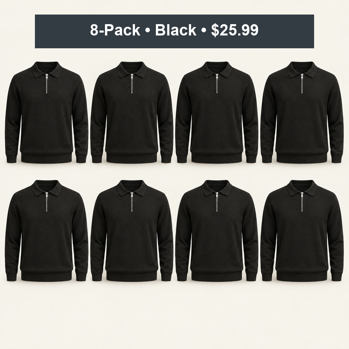 8-Pack - Black Men's Quarter-Zip Knit Polo Sweater 8-Packs