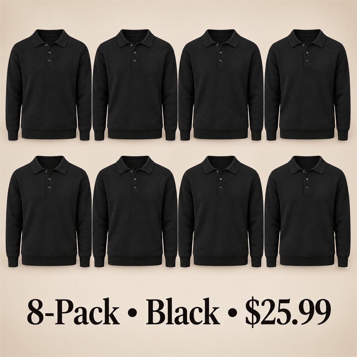 8-Pack - Black Men's Soft-Knit Three-Button Polo Sweater 8-Packs