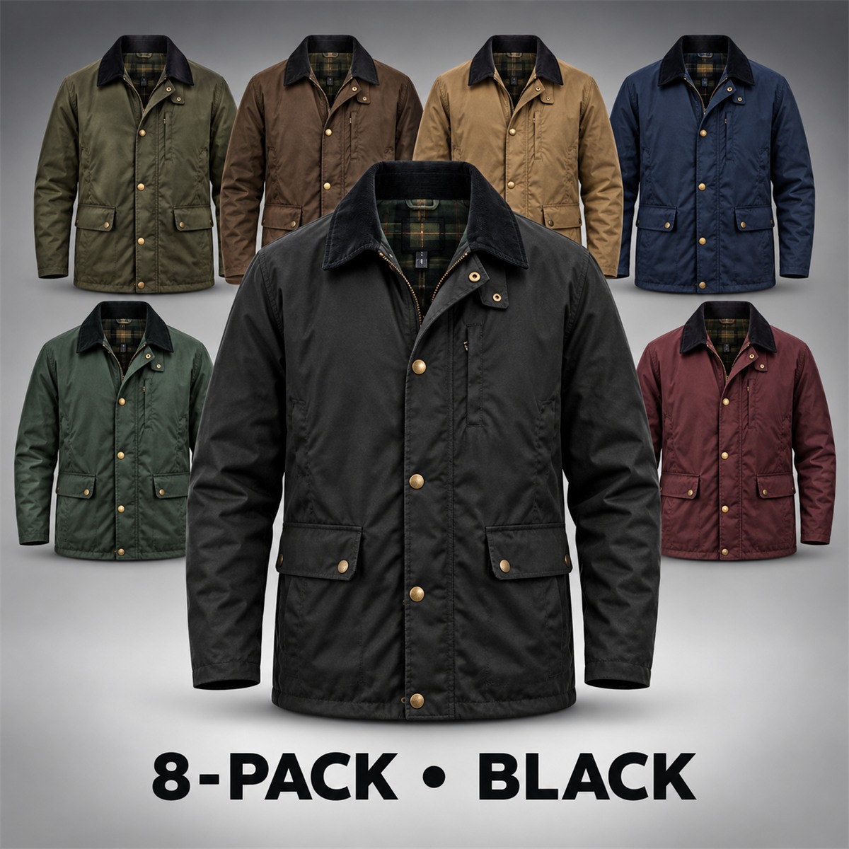 8-Pack - Black Men's Contrast-Collar Field Jacket 8-Packs