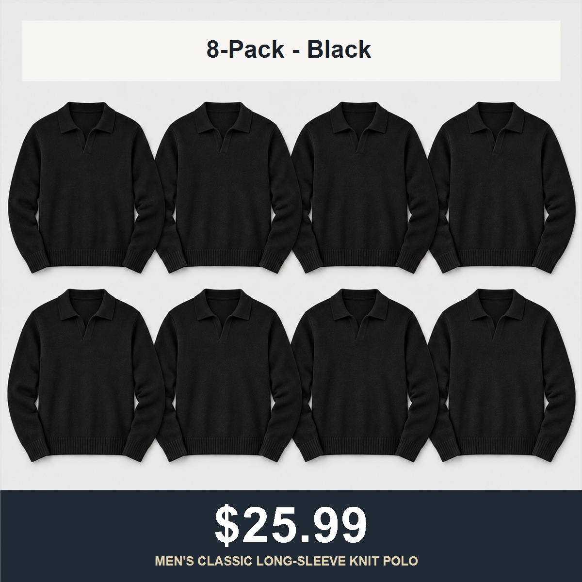 8-Pack - Black Men's Classic Open-Collar Knit Polo Sweater 8-Packs