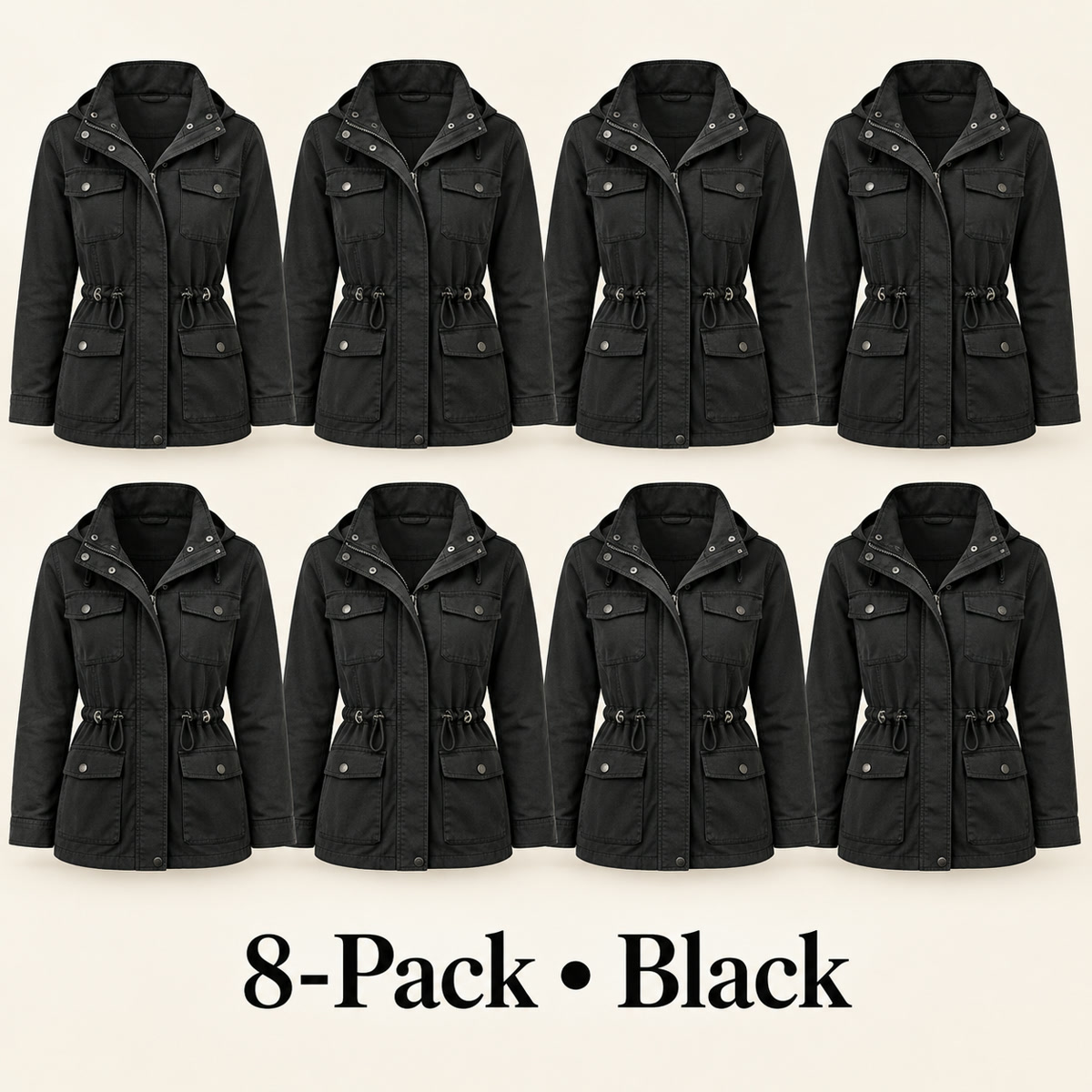8-Pack - Black Women's Drawcord Utility Field Jacket 8-Packs
