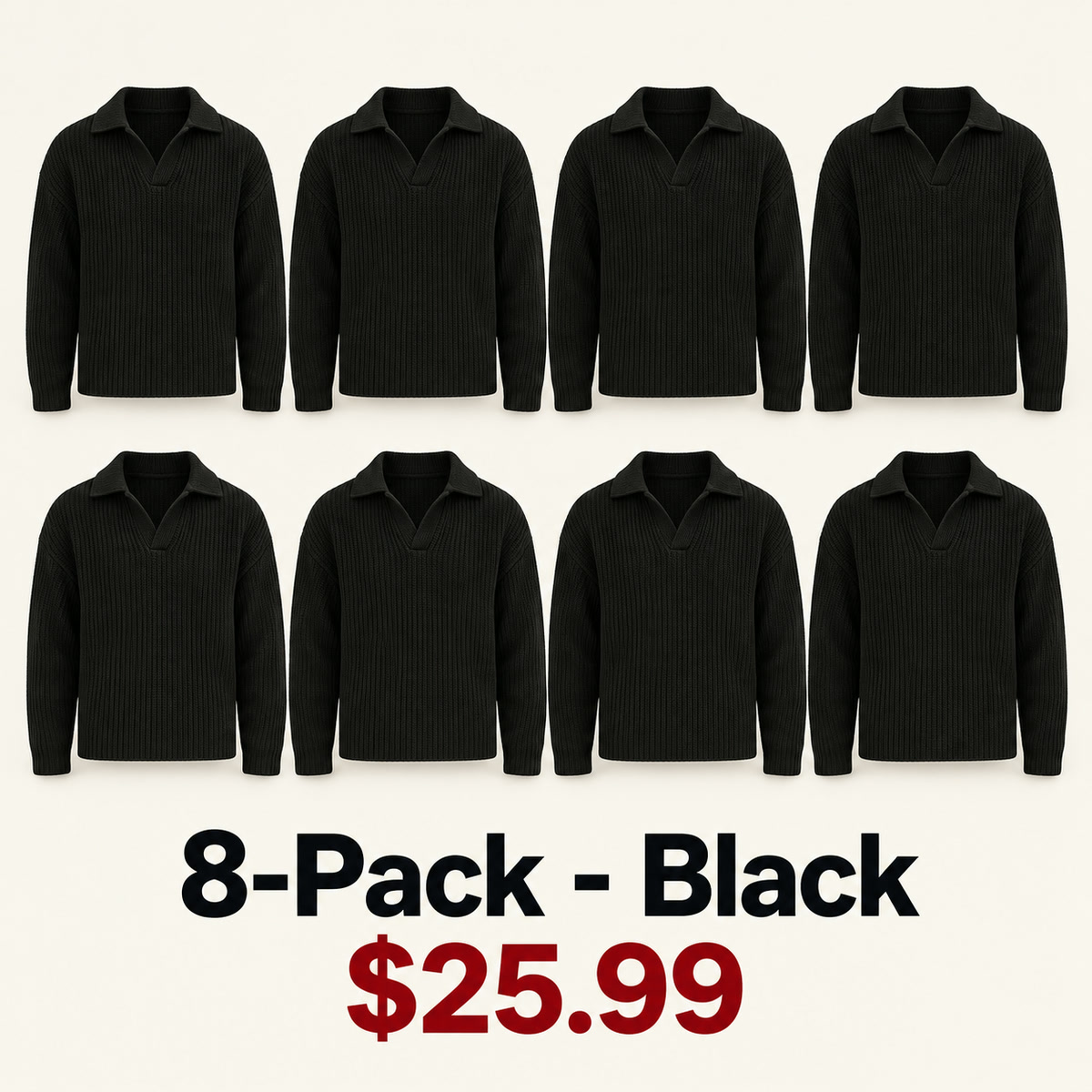 8-Pack - Black Men's Open-Collar Chunky-Knit Sweater 8-Packs
