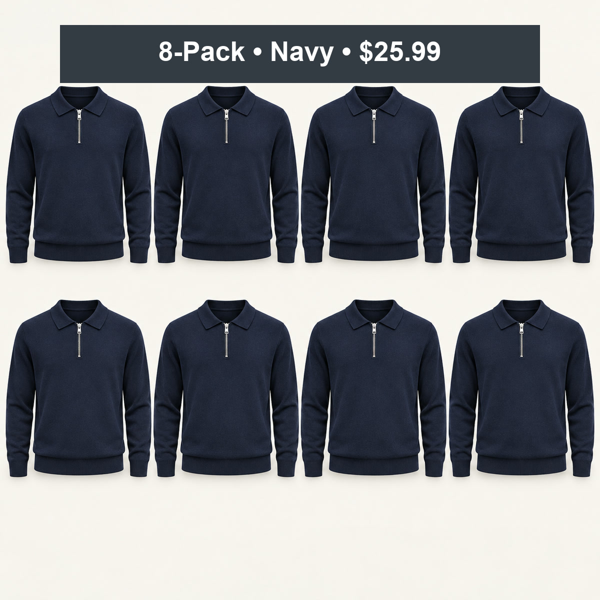 8-Pack - Navy Men's Quarter-Zip Knit Polo Sweater 8-Packs