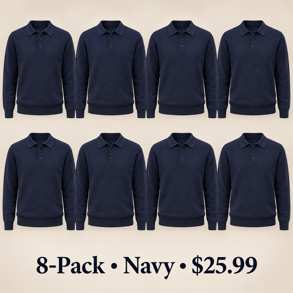 8-Pack - Navy Men's Soft-Knit Three-Button Polo Sweater 8-Packs
