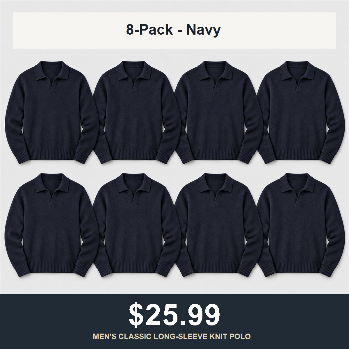 8-Pack - Navy Men's Classic Open-Collar Knit Polo Sweater 8-Packs