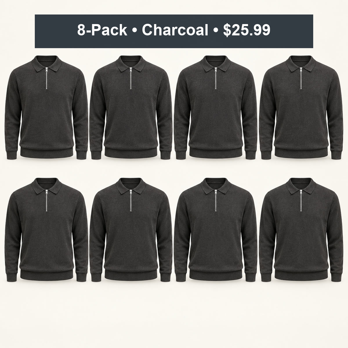 8-Pack - Charcoal Men's Quarter-Zip Knit Polo Sweater 8-Packs